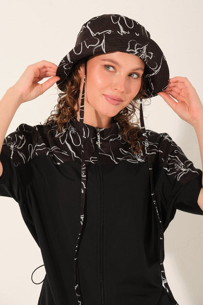 Alfasa Hooded, Front Zipper, Short Sleeve, Semi - Closed Modest Swimsuit 26714 - 26 Black - ihvan