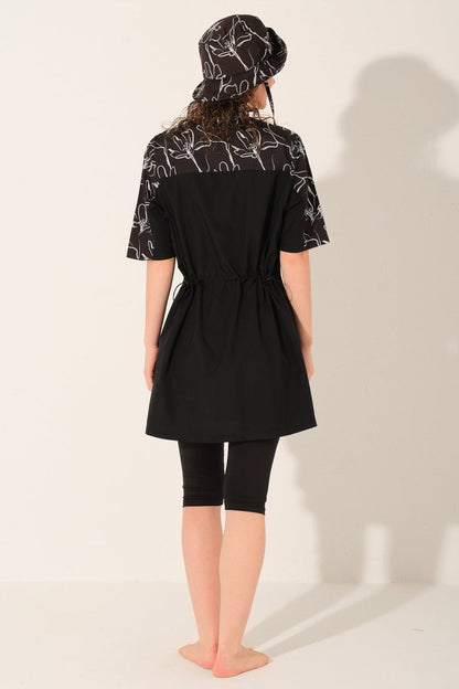 Alfasa Hooded, Front Zipper, Short Sleeve, Semi - Closed Modest Swimsuit 26714 - 26 Black - ihvan