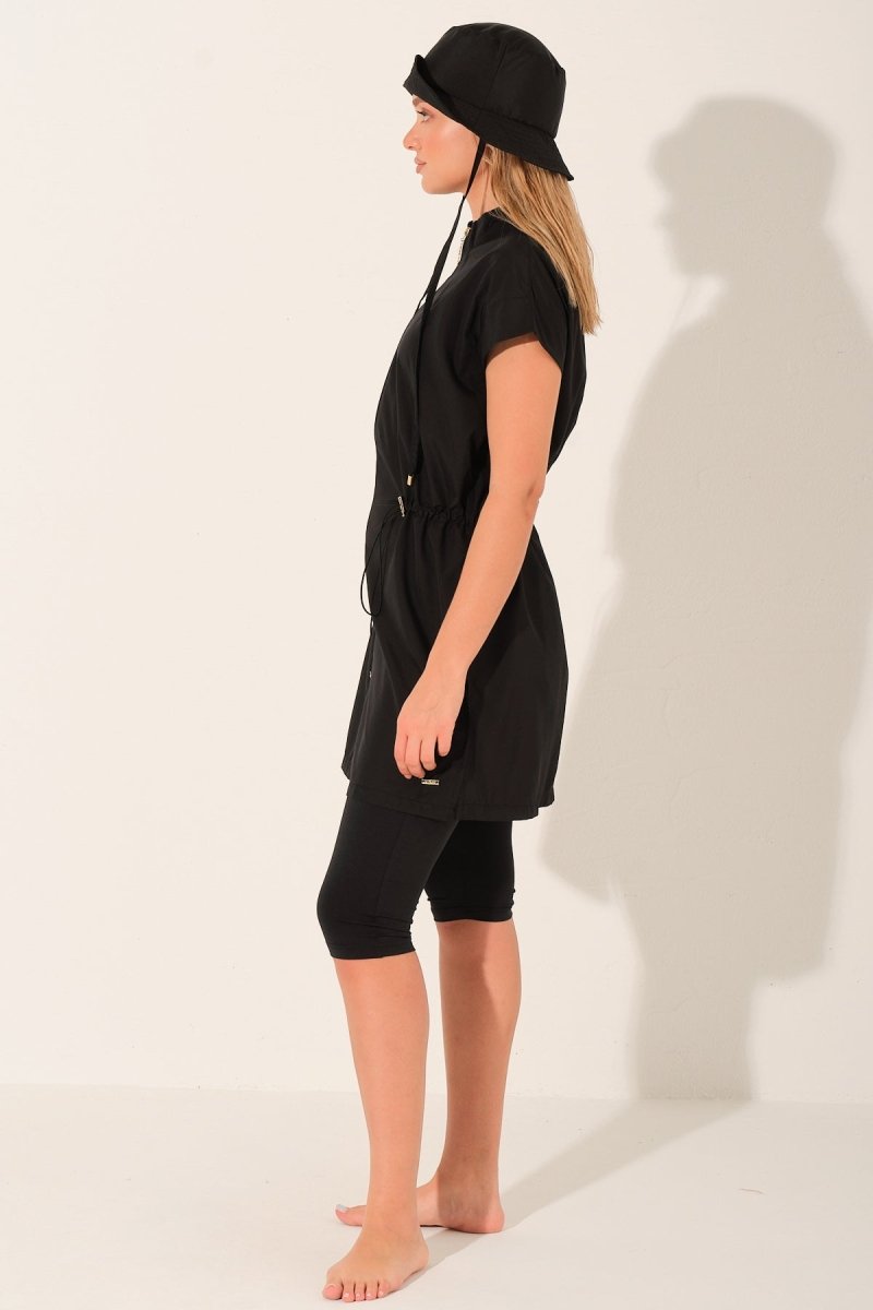 Alfasa Hooded Short Sleeve Semi - Closed Modest Swimsuit with Leggings 26709 - 26 Black - ihvan