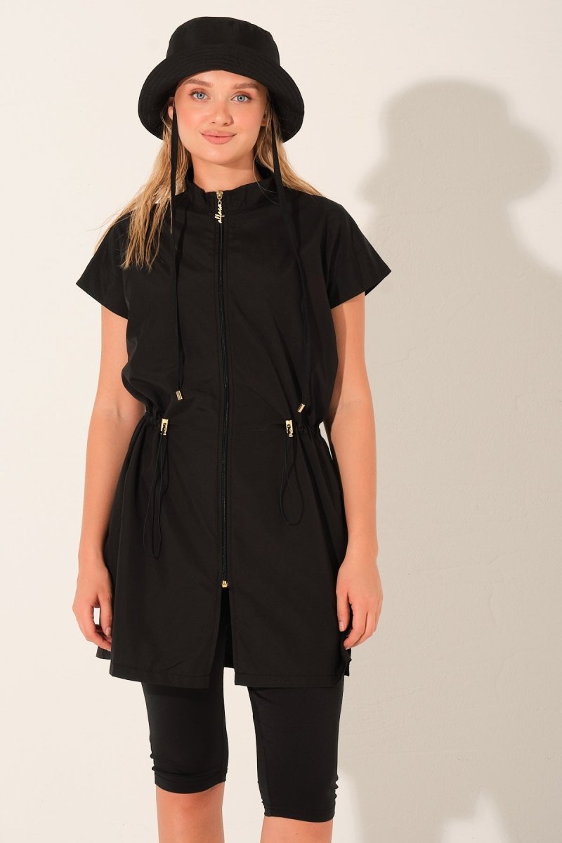 Alfasa Hooded Short Sleeve Semi - Closed Modest Swimsuit with Leggings 26709 - 26 Black - ihvan