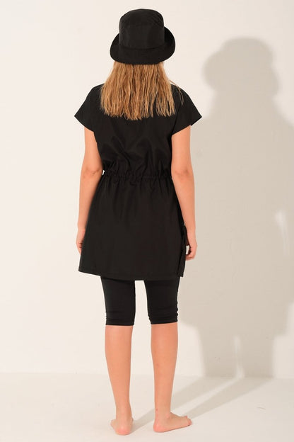Alfasa Hooded Short Sleeve Semi - Closed Modest Swimsuit with Leggings 26709 - 26 Black - ihvan