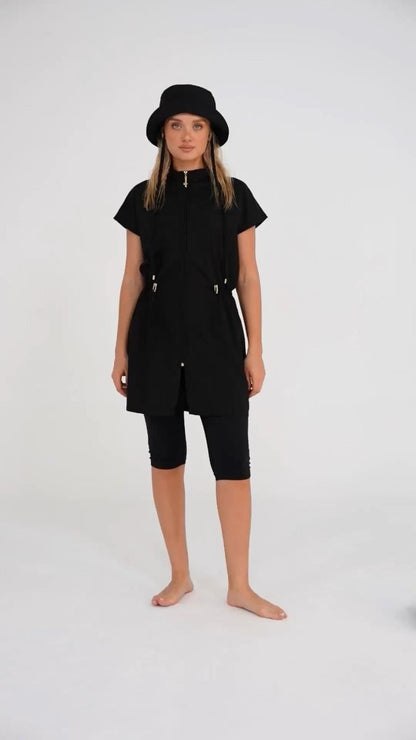 Alfasa Hooded Short Sleeve Semi - Closed Modest Swimsuit with Leggings 26709 - 26 Black - ihvan