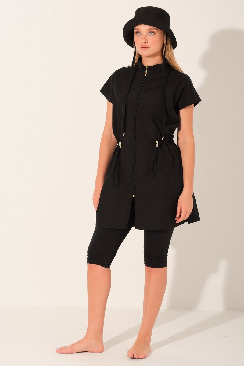 Alfasa Hooded Short Sleeve Semi - Closed Modest Swimsuit with Leggings 26709 - 26 Black - ihvan