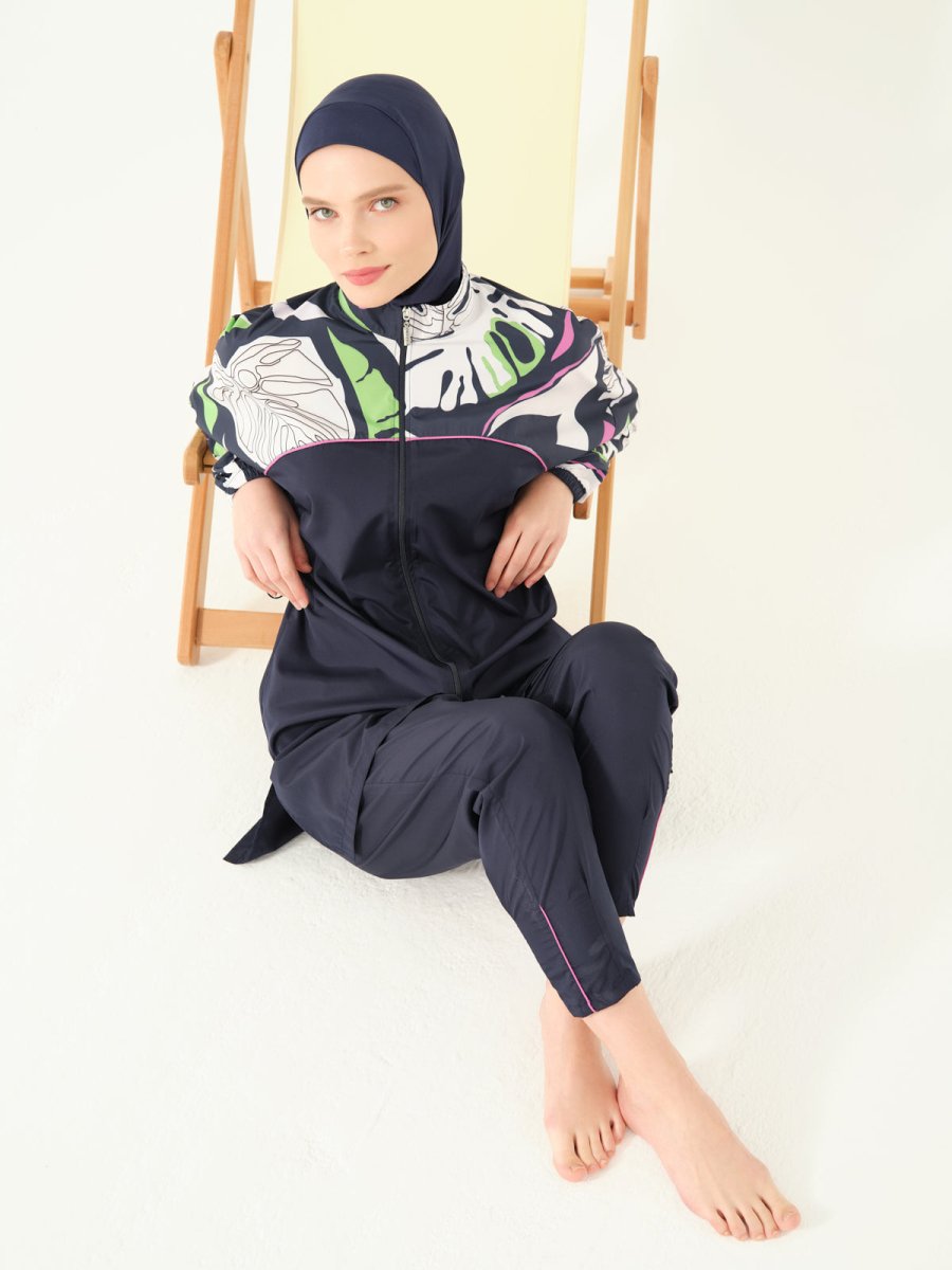 Alfasa Lian Full Coverage Hijab Swimsuit with Hair Trim Detail 25289 - 26 - Navy Blue - ihvan