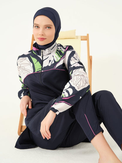 Alfasa Lian Full Coverage Hijab Swimsuit with Hair Trim Detail 25289 - 26 - Navy Blue - ihvan