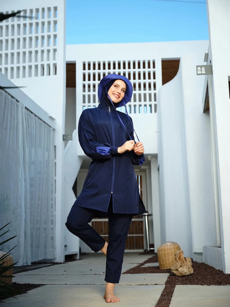 Alfasa Marla Hooded Modest Swimsuit 26219-26 - Navy Blue - ihvan
