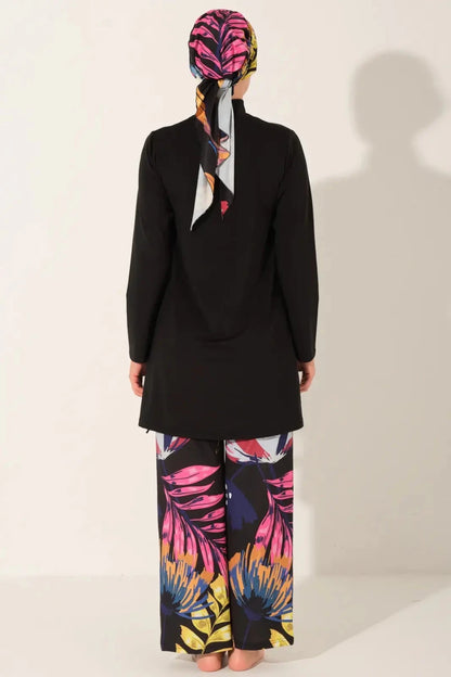 Alfasa Modest Swimsuit Chrysanthemum Pattern Long Sleeved 24613 - 26 Black - ihvan