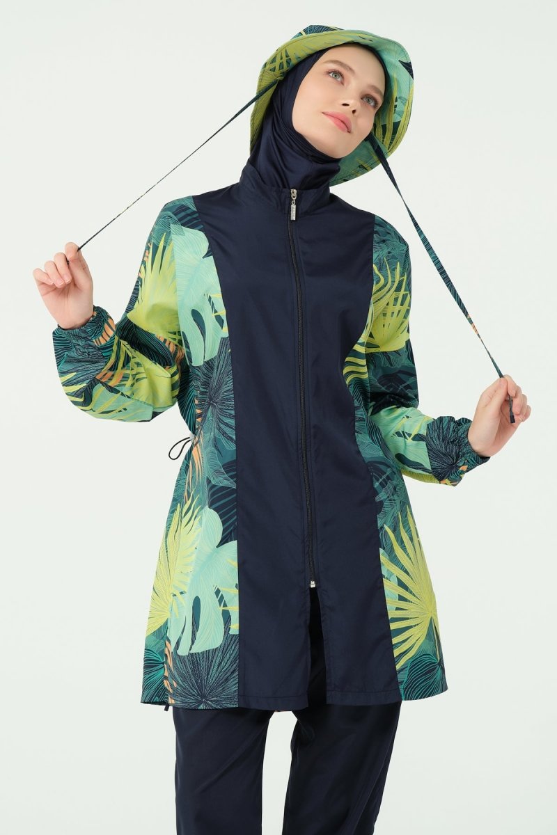 Alfasa Modest Swimsuit, Full Coverage, with Hood, Mona Pattern, Green 25270 - 26 - ihvan