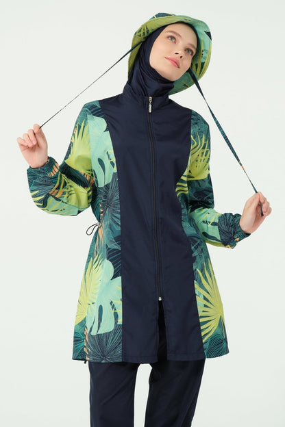 Alfasa Modest Swimsuit, Full Coverage, with Hood, Mona Pattern, Green 25270 - 26 - ihvan