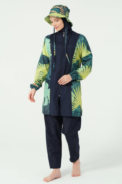 Alfasa Modest Swimsuit, Full Coverage, with Hood, Mona Pattern, Green 25270 - 26 - ihvan