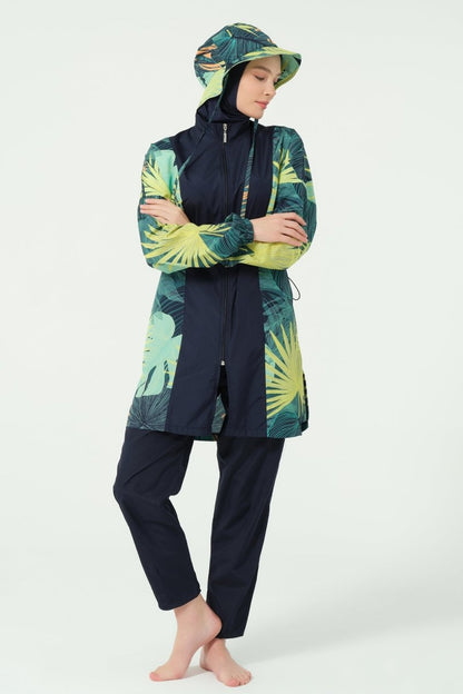 Alfasa Modest Swimsuit, Full Coverage, with Hood, Mona Pattern, Green 25270 - 26 - ihvan