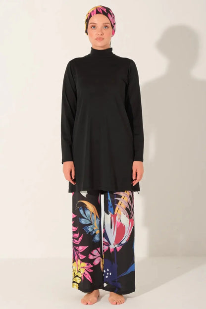 Alfasa Modest Swimsuit Plus Size Chrysanthemum Pattern Long Sleeved 24613 - 26 Black - ihvan