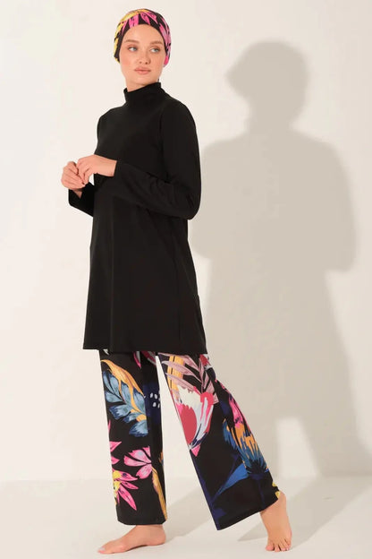 Alfasa Modest Swimsuit Plus Size Chrysanthemum Pattern Long Sleeved 24613 - 26 Black - ihvan