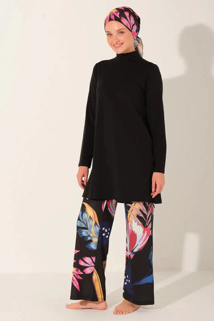 Alfasa Modest Swimsuit Plus Size Chrysanthemum Pattern Long Sleeved 24613 - 26 Black - ihvan