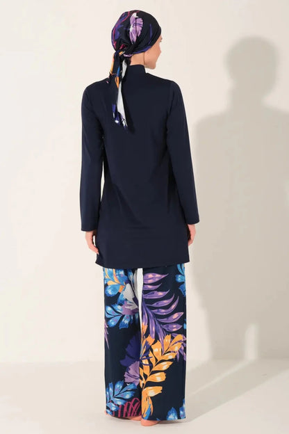 Alfasa Modest Swimsuit with Chrysanthemum Pattern, Long Sleeves and Pants, 24613-26 Navy Blue - ihvan