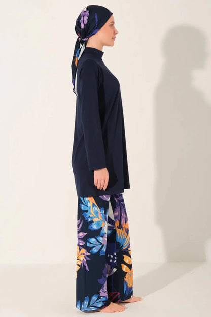 Alfasa Modest Swimsuit with Chrysanthemum Pattern, Long Sleeves and Pants, 24613-26 Navy Blue - ihvan