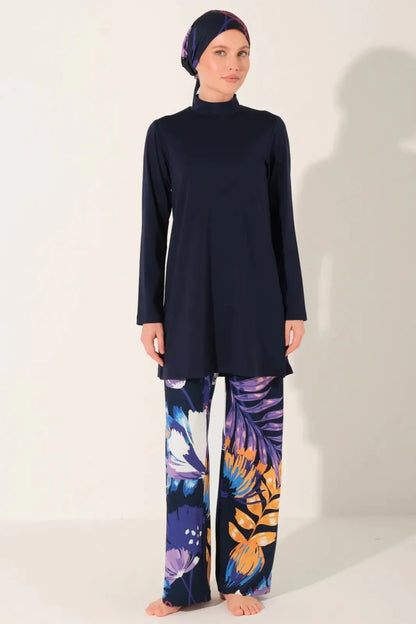 Alfasa Modest Swimsuit with Chrysanthemum Pattern, Long Sleeves and Pants, 24613-26 Navy Blue - ihvan