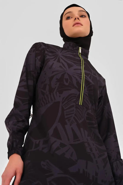 Alfasa Neon Trim Detail Sport Full Coverage Hijab Swimsuit 24209-26 Black - ihvan