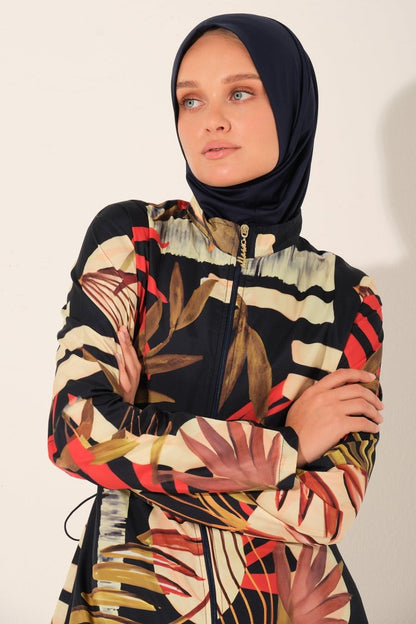 Alfasa Nova Patterned Full Coverage Hijab Swimsuit Navy Blue 26237 - 26 - ihvan