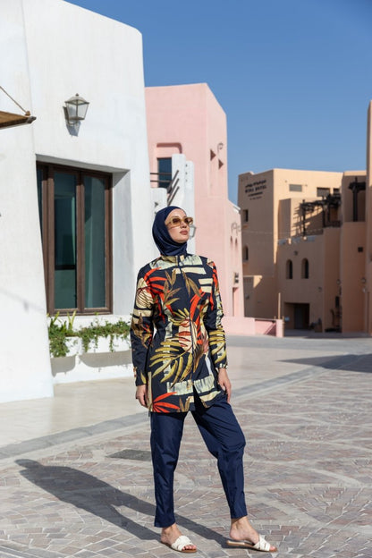 Alfasa Nova Patterned Full Coverage Hijab Swimsuit Navy Blue 26237 - 26 - ihvan