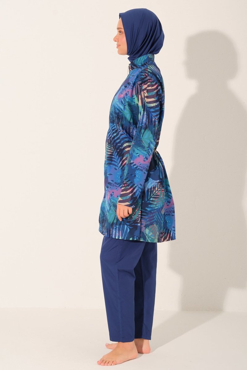 Alfasa Palmera Patterned Full Coverage Hijab Swimsuit 26264 - 26 Indigo - ihvan