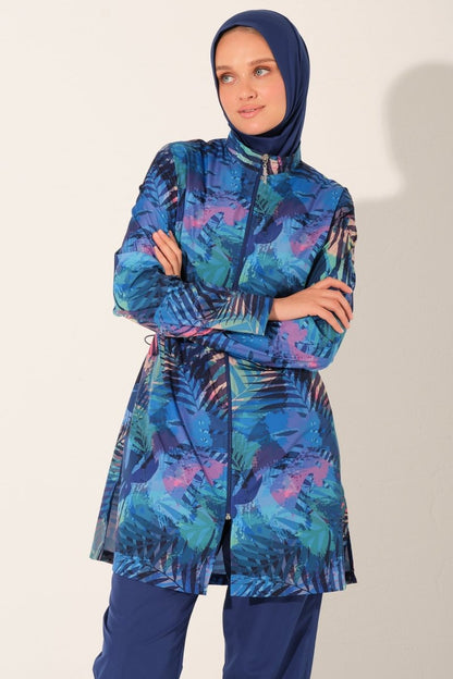 Alfasa Palmera Patterned Full Coverage Hijab Swimsuit 26264 - 26 Indigo - ihvan