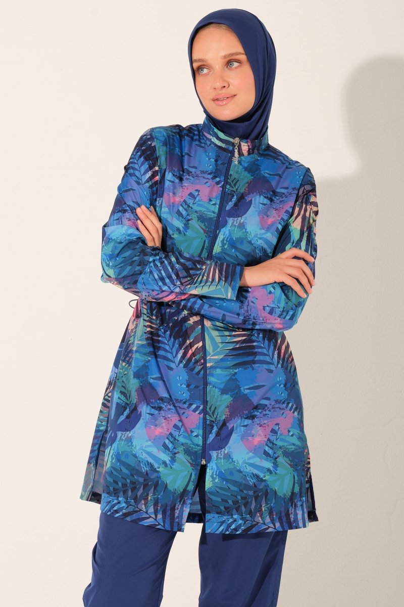 Alfasa Palmera Patterned Full Coverage Hijab Swimsuit 26264 - 26 Indigo - ihvan