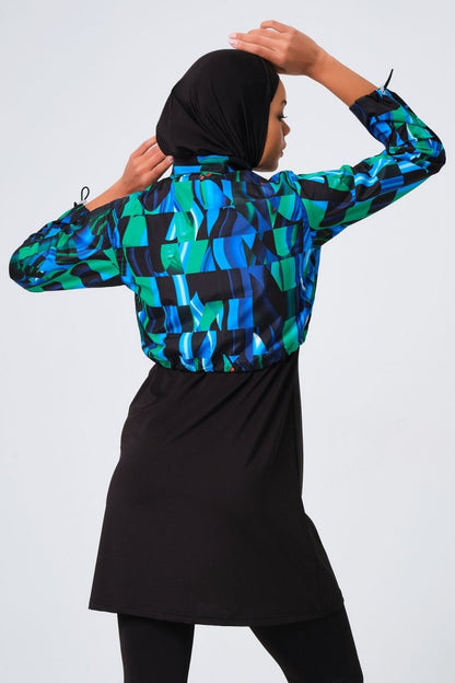 Alfasa Patterned Crop Full Coverage Hijab Swimsuit 23260 - 23 Blue - ihvan