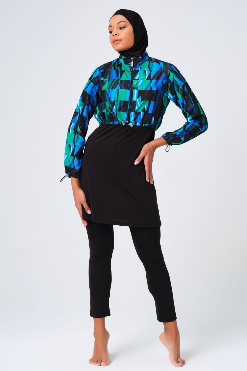 Alfasa Patterned Crop Full Coverage Hijab Swimsuit 23260 - 23 Blue - ihvan