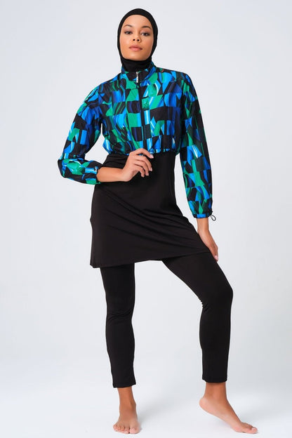 Alfasa Patterned Crop Full Coverage Hijab Swimsuit 23260 - 23 Blue - ihvan
