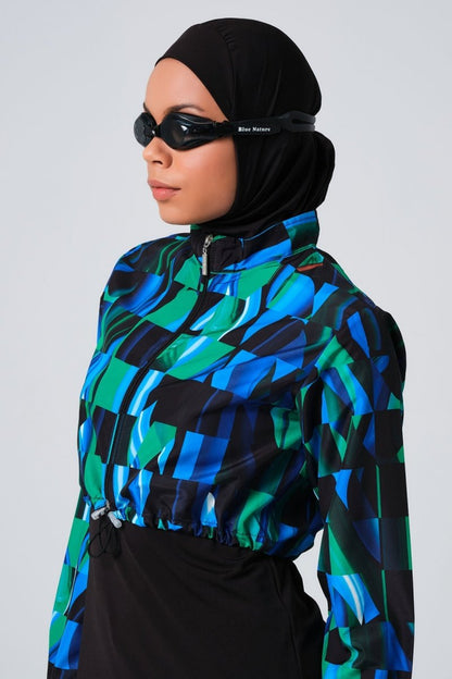 Alfasa Patterned Crop Full Coverage Hijab Swimsuit 23260 - 23 Blue - ihvan