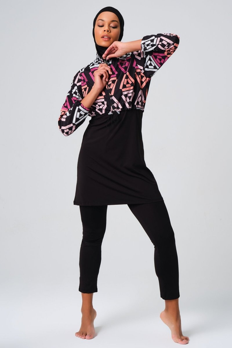 Alfasa Patterned Crop Full Coverage Hijab Swimsuit 23260 - 23 Pink - ihvan