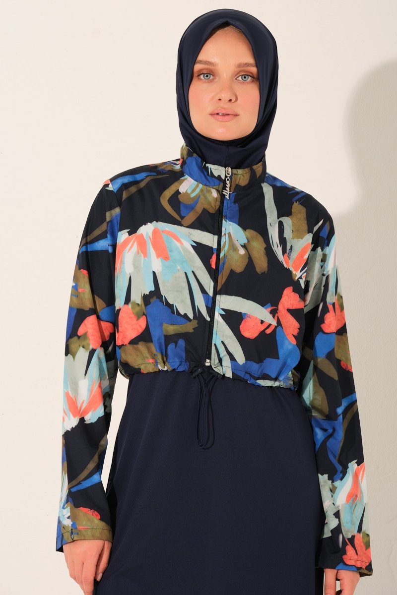 Alfasa Patterned Crop - Look Full Coverage Hijab Swimsuit 26252 - 26 Navy Blue - ihvan