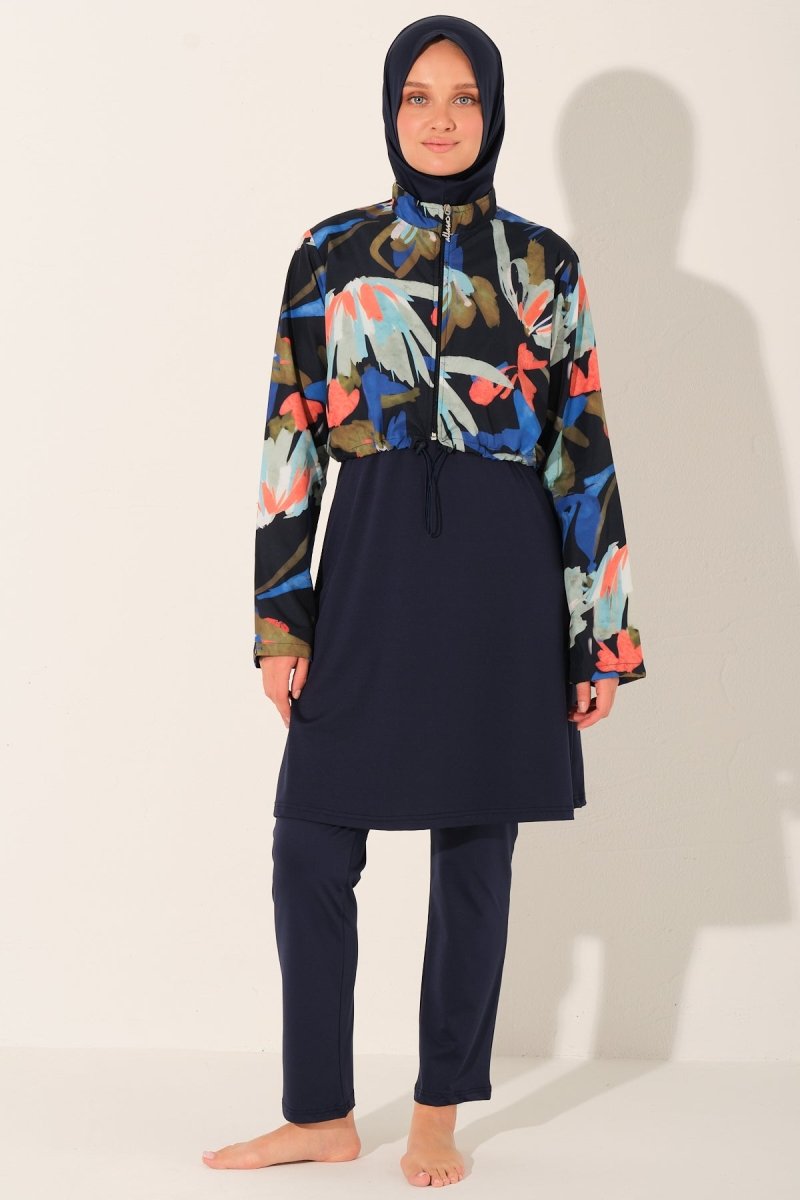 Alfasa Patterned Crop - Look Full Coverage Hijab Swimsuit 26252 - 26 Navy Blue - ihvan