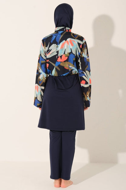 Alfasa Patterned Crop - Look Full Coverage Hijab Swimsuit 26252 - 26 Navy Blue - ihvan