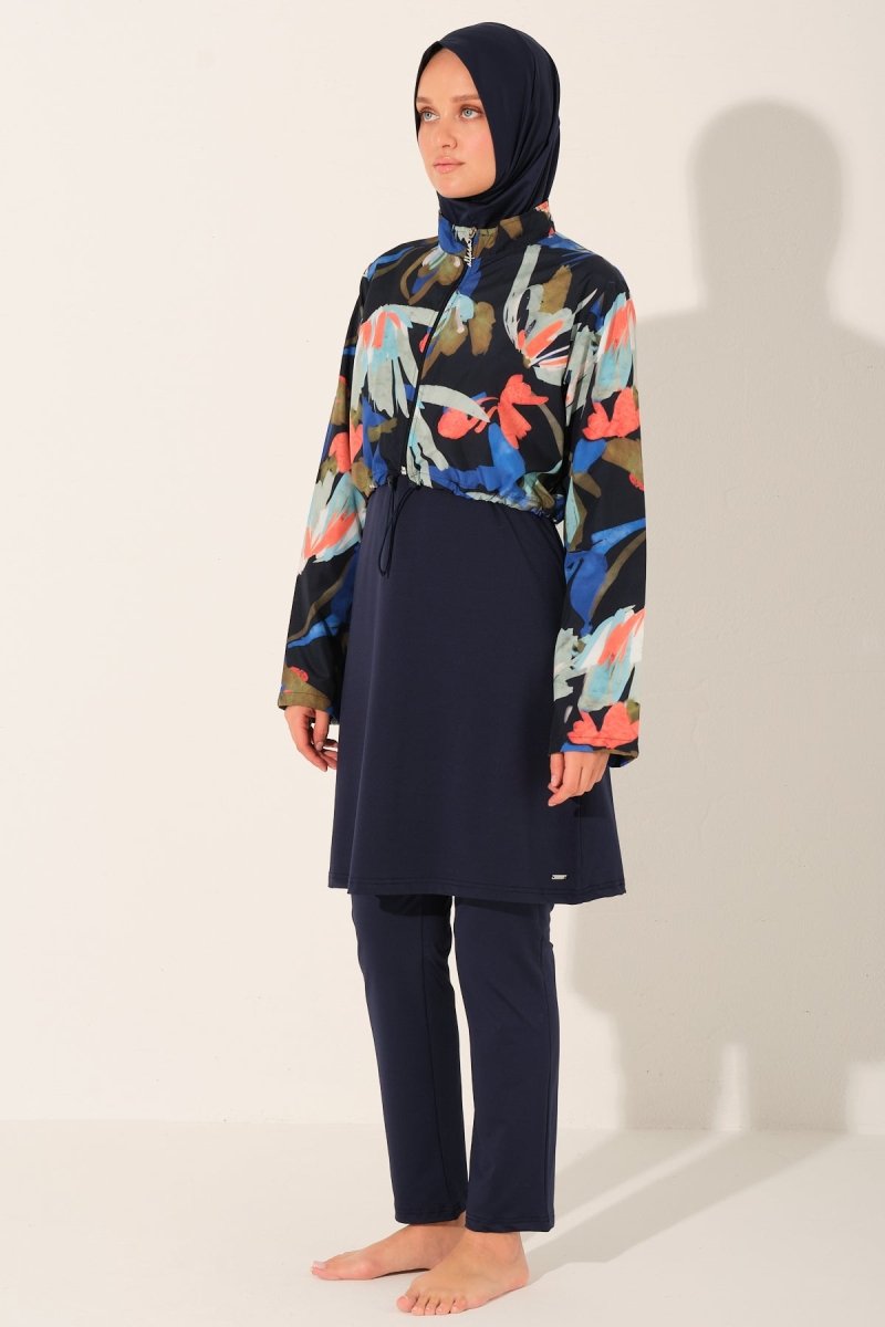 Alfasa Patterned Crop - Look Full Coverage Hijab Swimsuit 26252 - 26 Navy Blue - ihvan