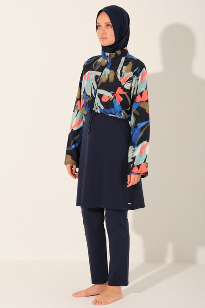 Alfasa Patterned Crop - Look Full Coverage Hijab Swimsuit 26252 - 26 Navy Blue - ihvan