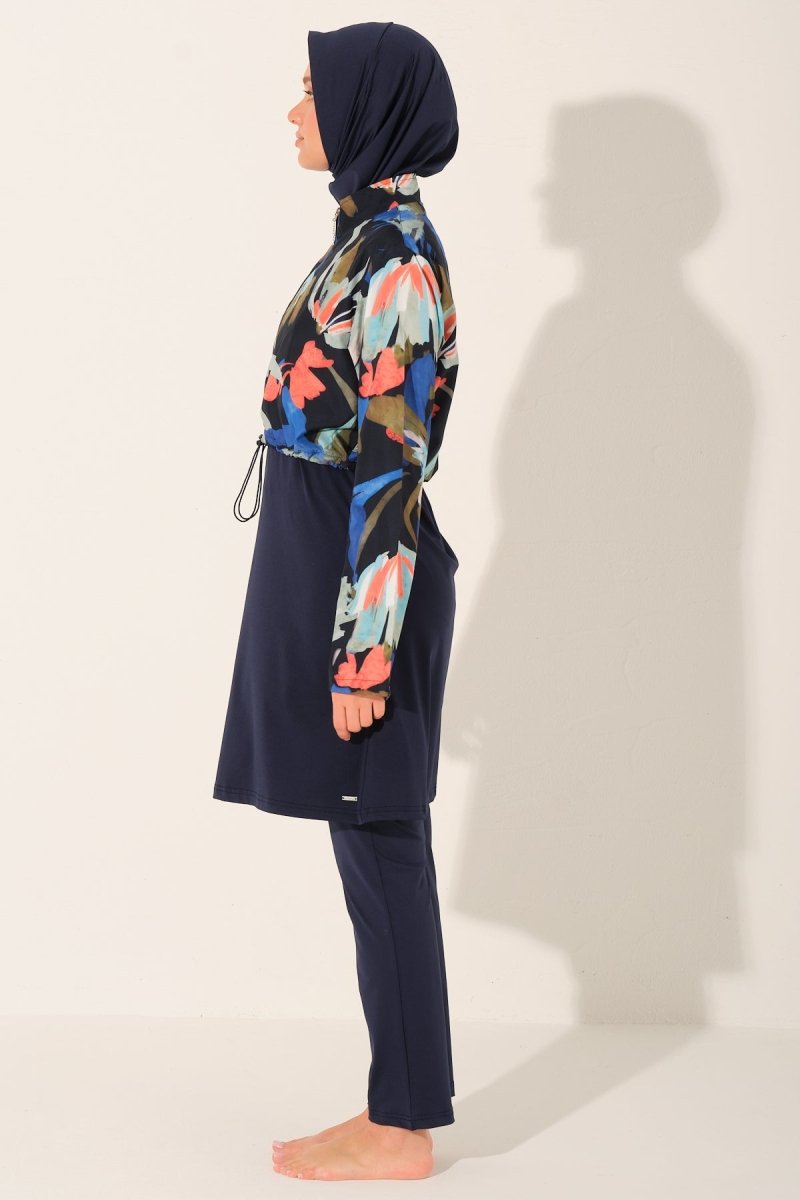 Alfasa Patterned Crop - Look Full Coverage Hijab Swimsuit 26252 - 26 Navy Blue - ihvan