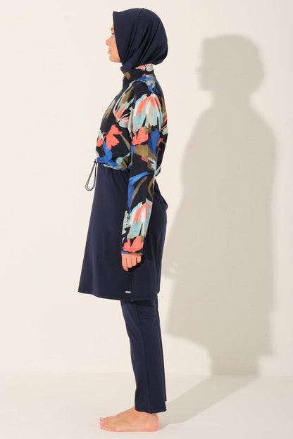 Alfasa Patterned Crop - Look Full Coverage Hijab Swimsuit 26252 - 26 Navy Blue - ihvan