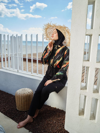 Alfasa Patterned Crop - Look Full Coverage Hijab Swimsuit 26254 - 26 Black - ihvan