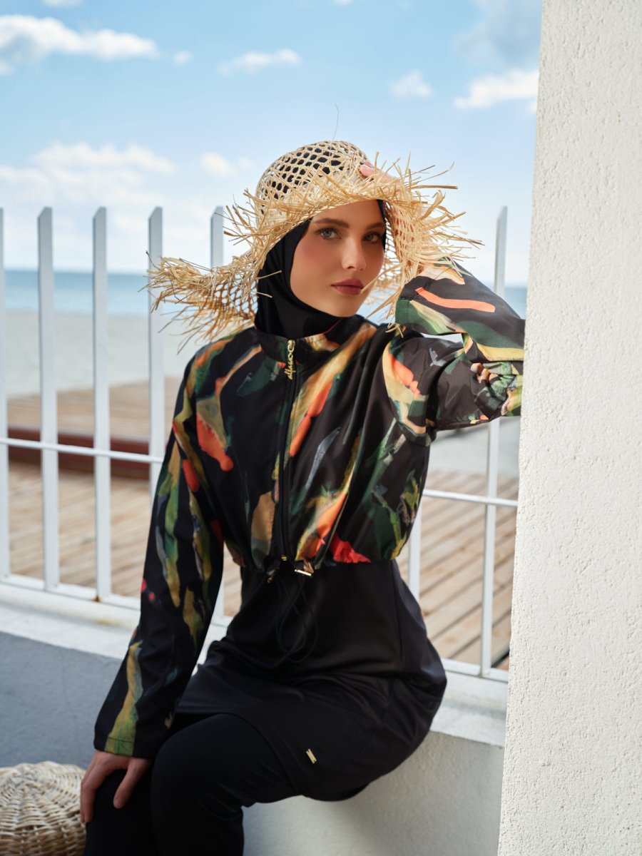 Alfasa Patterned Crop - Look Full Coverage Hijab Swimsuit 26254 - 26 Black - ihvan