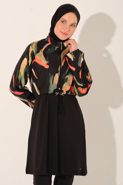 Alfasa Patterned Crop - Look Full Coverage Hijab Swimsuit 26254 - 26 Black - ihvan
