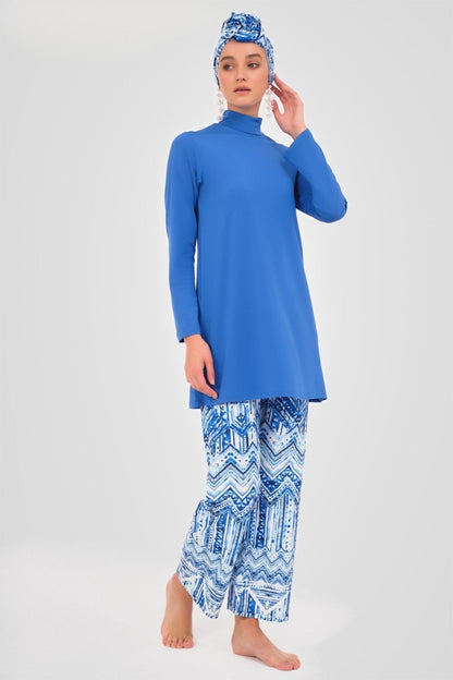 Alfasa Patterned Full Coverage Hijab Swimsuit 24605 - 25 Indigo Blue - ihvan