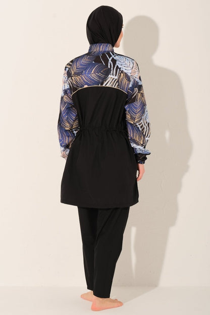 Alfasa Patterned Full Coverage Hijab Swimsuit with Hair Trim Detail 26256 - 26 Black - ihvan