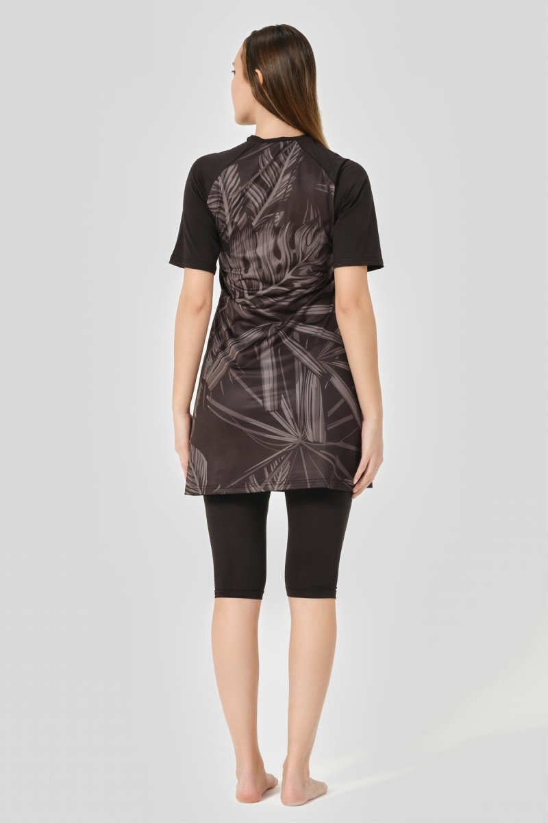 Alfasa Patterned Raglan Short Sleeve Semi - Closed Swimsuit 24708 Black - ihvan