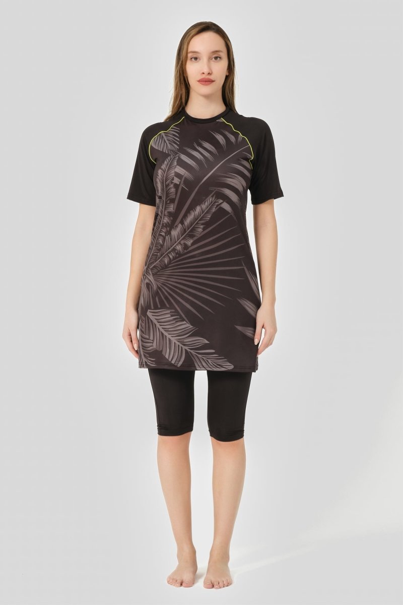 Alfasa Patterned Raglan Short Sleeve Semi - Closed Swimsuit 24708 Black - ihvan