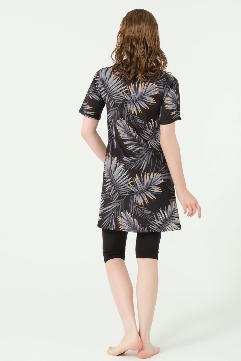 Alfasa Patterned Semi - Closed Hijab Swimsuit 24712 - 25 Anthracite - ihvan