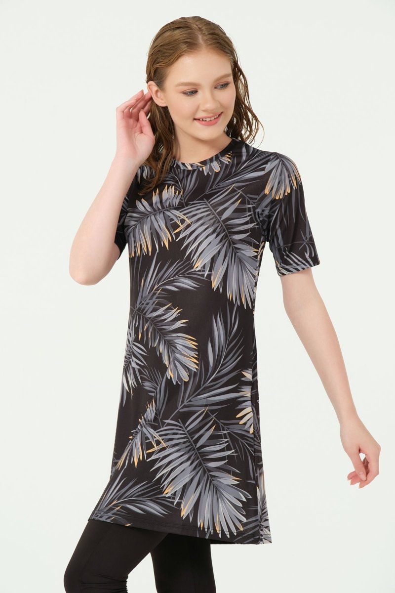 Alfasa Patterned Semi - Closed Hijab Swimsuit 24712 - 25 Anthracite - ihvan