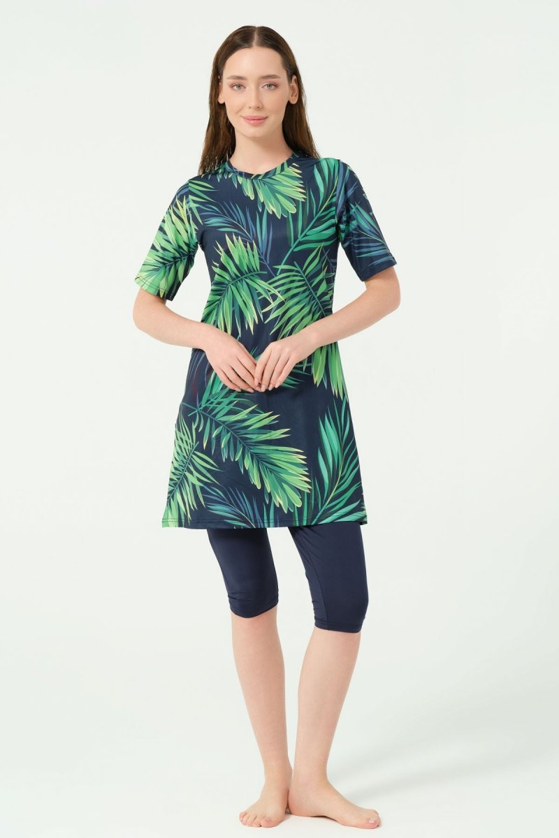 Alfasa Patterned Semi - Closed Hijab Swimsuit 24712 - 25 Navy Blue - ihvan
