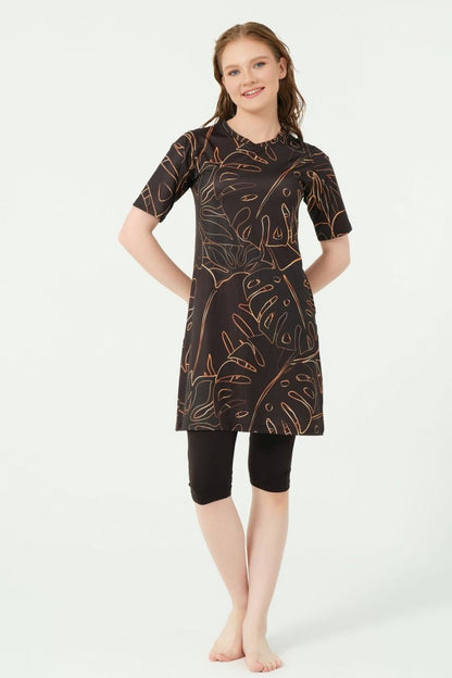 Alfasa Patterned Semi - Closed Hijab Swimsuit 24712 - 25 Orange - ihvan